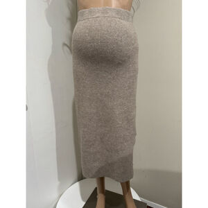 Women's Ripe Maternity pull on Ribbed Knit Midi Skirt in Beige, Size L side slit